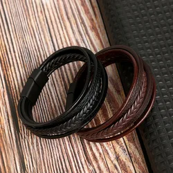 Vintage Men'S Multi-Layered Leather Stainless Steel Alloy Clasp Bracelet-Boy Gift