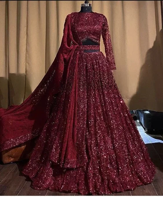 Traditionelle indische zwei Stücke Burgunder Brautkleider Glitter Spitze Pailletten Perlen Lehenga Kaftan Langarm Brautkleid
