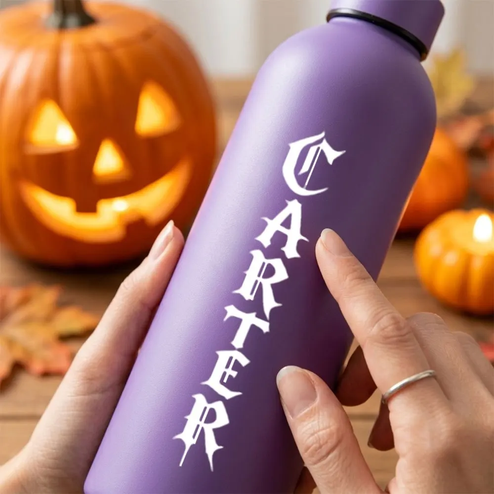 Custom Gothic Letter Name Matte Purple Stainless Steel Water Bottle Leakproof Thermal Flask Portable Gym Camping Travel Drink.