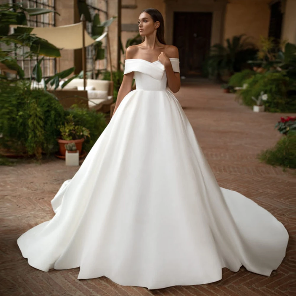 Encantador vestido de novia con hombros descubiertos, manga corta, línea A, largo hasta el suelo con tren de barrido, vestidos de boda formales de Iglesia nupcial