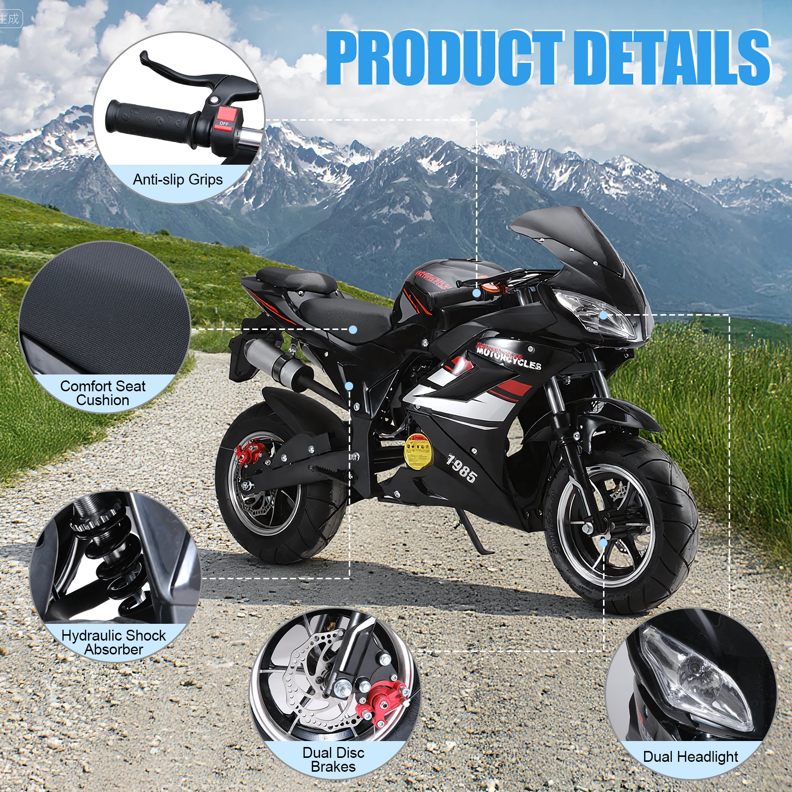 Motocykl crossowy dla dzieci 49cc 4-suwowy, mini motocykl benzynowy z 8-calowymi kołami, motocykl kieszonkowy z przednimi i tylnymi hamulcami tarczowymi, podwójne światło przednie.