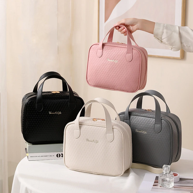 Travel Cosmetic Bag with Large Capacity, New French Light Luxury Style, Portable Travel Makeup Storage Bag, Storage Pouch, Light Luxury Style, for Daily Commuting Touch-Ups, Travel and Vacation Toiletries, Work Trips, Student Dormitory Organization, Keeps Clutter Organized and Tidy. The Portable Design Is Suitable for Commuting and Travel, Easy to Carry, Large Capacity Can Hold Makeup, Toothbrush, Toothpaste, and Wet Wipes, Soft Pu Material Is Wrinkle-Resistant and Durable.