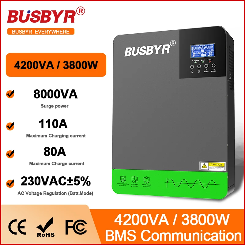 BUSBYR 3800W 6200W Hybrid Solar Inverter 24V 48V 220V Pure Sine Wave Inverter 3.8KW with MPPT 110A Solar Charger Controller WIFI