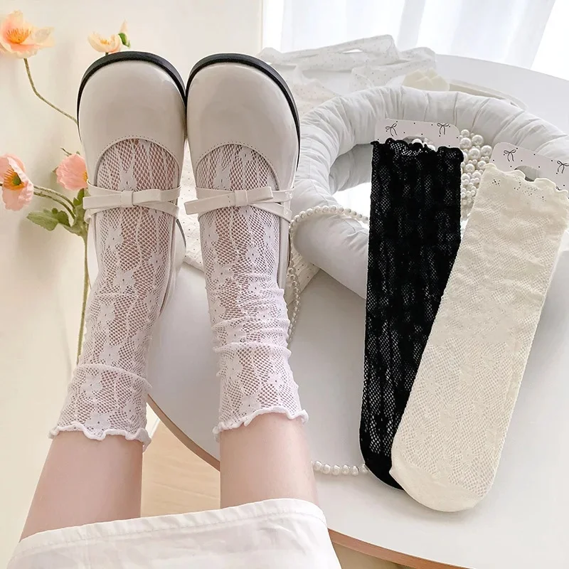 Chaussettes de mode pour femmes mignon fleur blanc rétro dentelle fille chaussettes douces maille Simple femmes décontracté doux respirant chaussettes femme