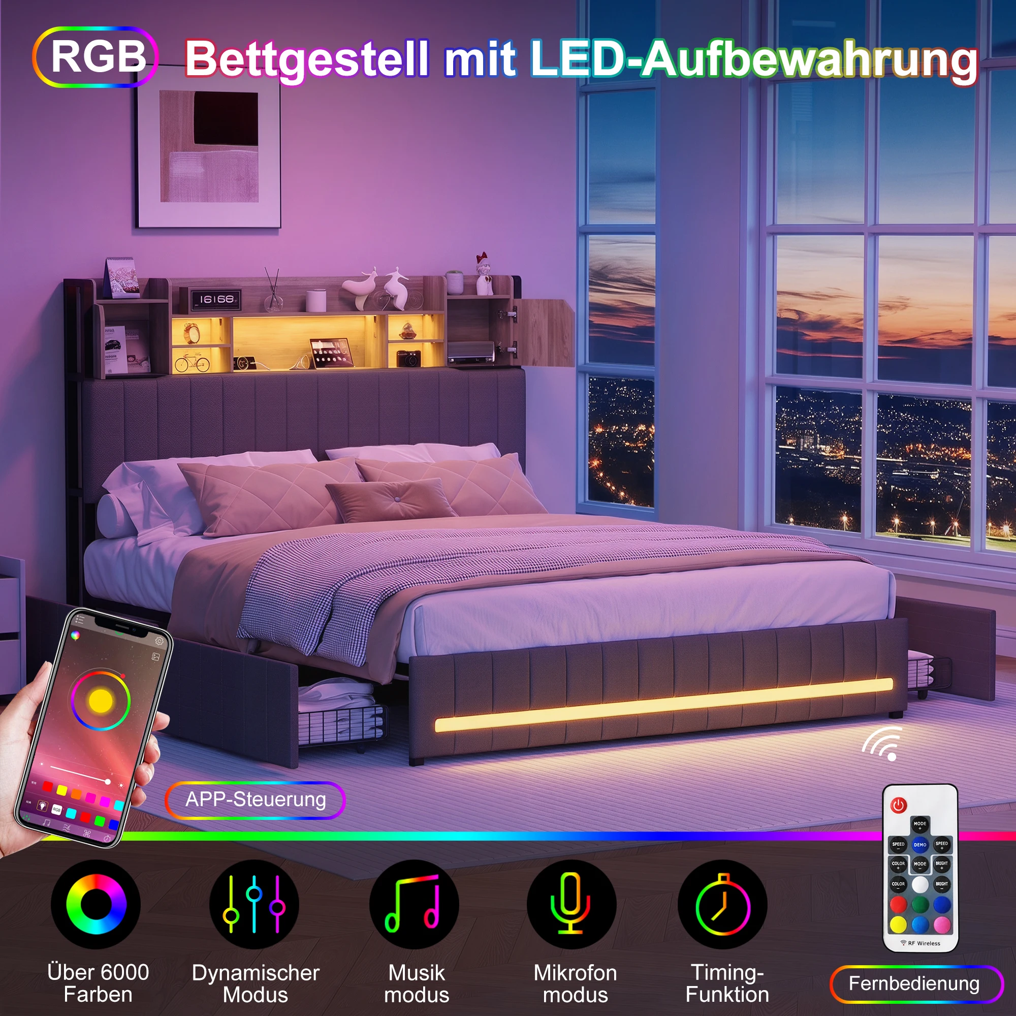 Image of Comanlai 140 x 200 cm Doppelbett, Polsterbett mit 4 Schubladen und Lattenrost, Stauraumbett mit Stauraum im Kopfteil, Leinen, Grau