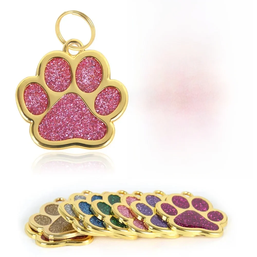Collier personnalisé pour animaux de compagnie, étiquette d'identification personnalisée, gravé gratuitement, nom de chat, chien, chiot, patte d'or, pendentif à paillettes, accessoires pour animaux de
