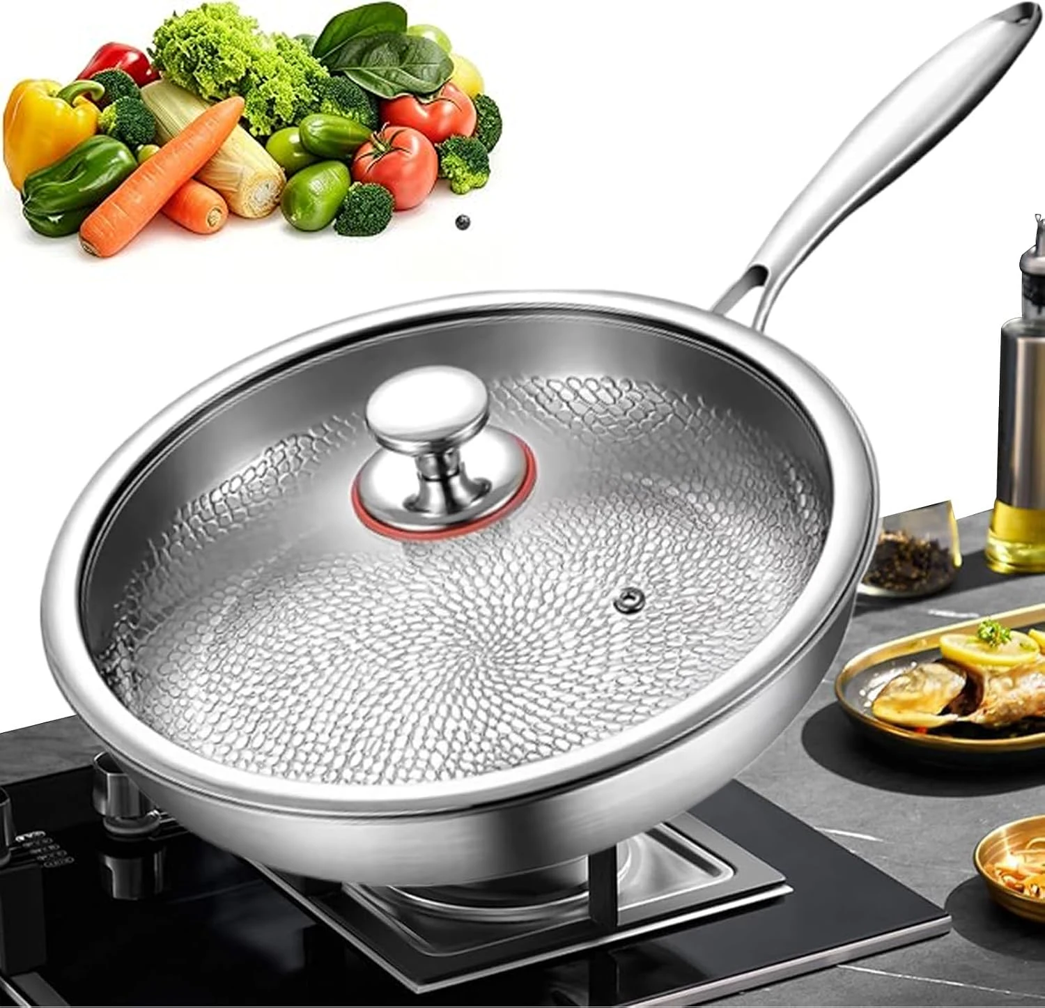 DWiusty Titan-Bratpfanne, beschichtungsfreie Antihaft-Bratpfanne mit Deckel, gesunde Kochpfanne für Steak, Braten, 26 cm / 30 cm