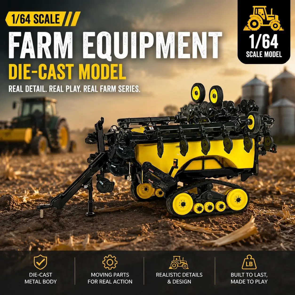1:64 Scale Agricultural Side-Dress Applicator Model with Tracks, Detailed Farm Equipment Display Vehicle, Die Cast Metal & Plastic Miniature for Diorama Scene, Shelf Decoration, Hobby Enthusiasts, Father's Day Gift