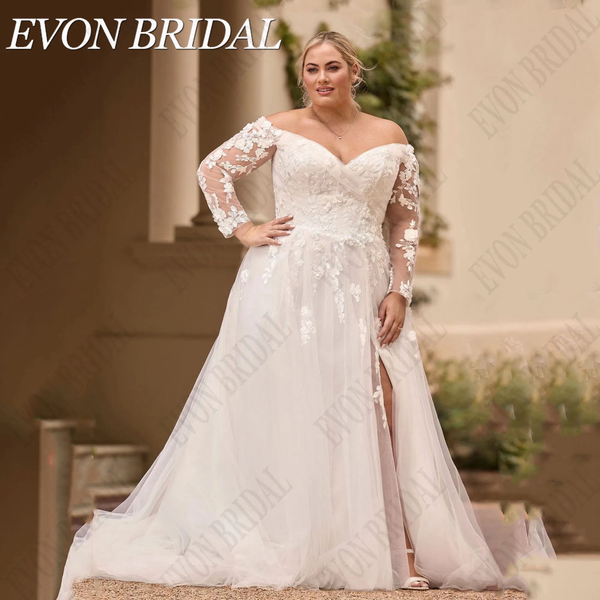 

EVON BRIDAL Oversize Wedding Dress Long Sleeves Applique Boho Bride Gowns For Women Side Split A-Line Tulle Vestidos De Novia