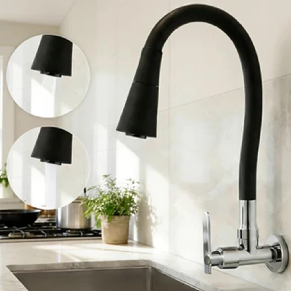 Torneia De Parede Preta Para Cozinha, 2 Funções, Bola Flexível, Controle De Água