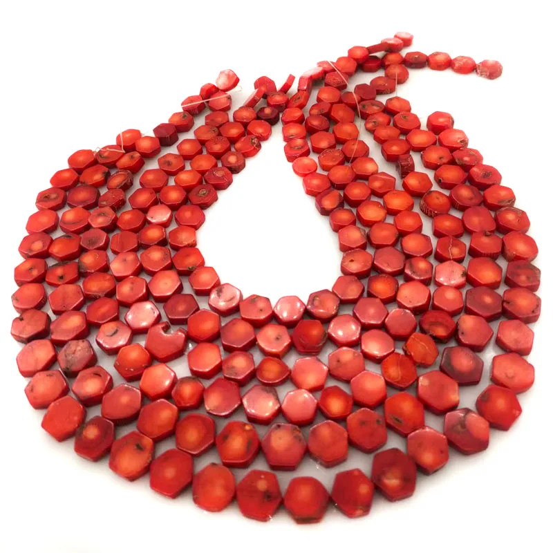 16 inches 5x11mm Red Flat Hexagonal Carved Natural Coral Beads Loose Strand