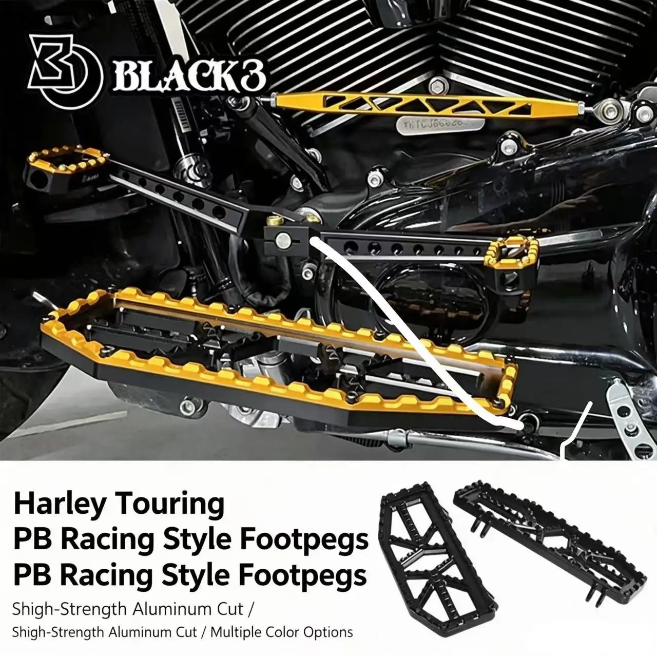 Black3 PB Style Large Foot Pegs For Harley Touring Road Glide Street Glide Front & Rear Footrest Gold