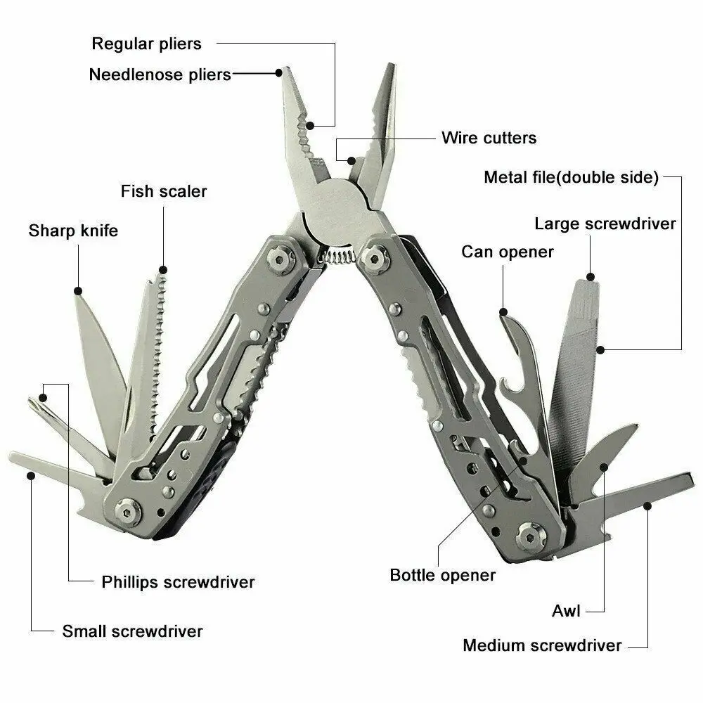 Multifunktionszange aus Edelstahl, zusammenklappbares Multitool mit Messer, Säge, Drahtschneider, Abisolierzange, Flaschenöffner und Dosenöffner, kompaktes, schwarzes Taschenwerkzeug mit