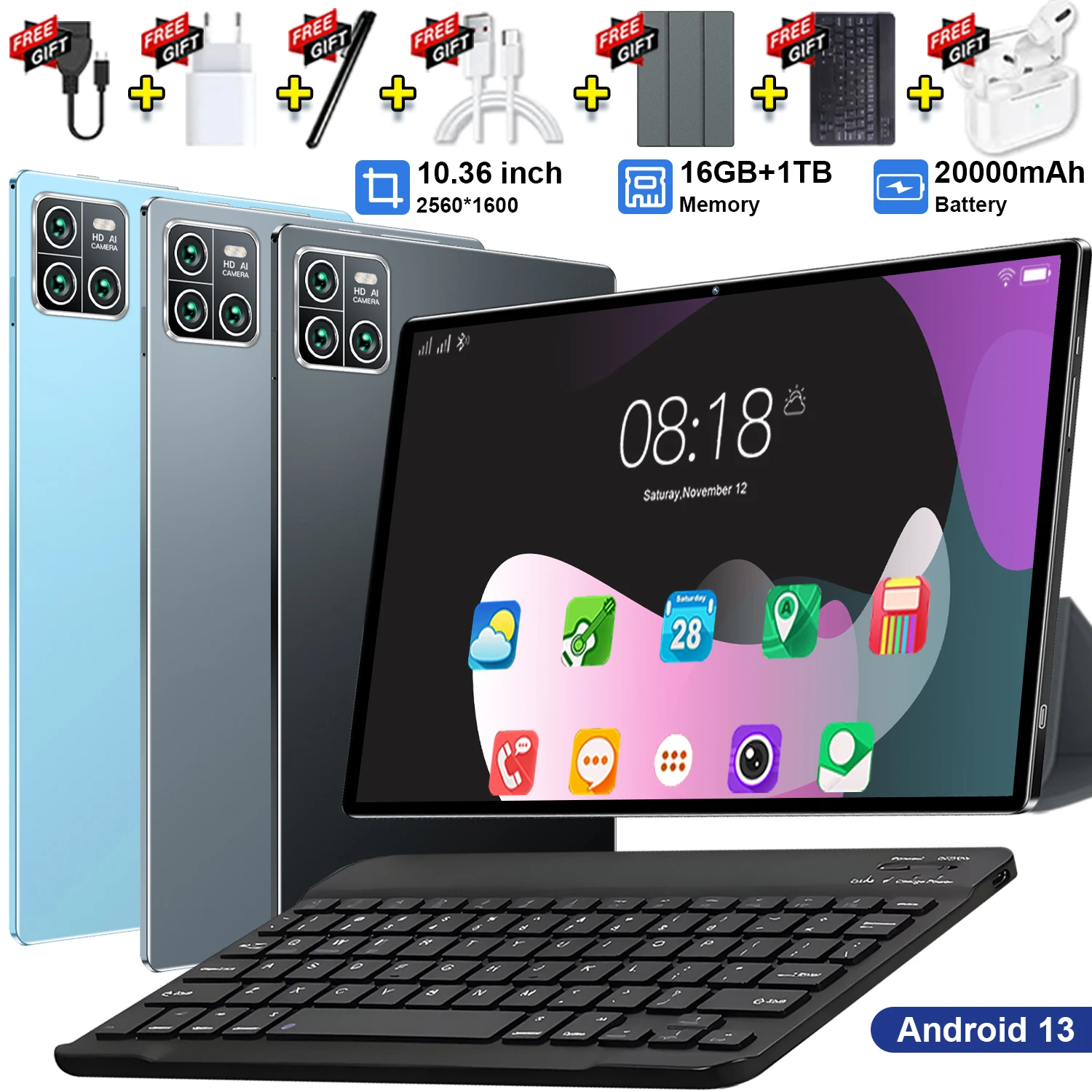 Version Globale 2025 Nouvelle Tablette 5G Android 13 16 Go de RAM 1 To de ROM 20000 mAh Écran HD 10,36 Pouces 10 Cœurs Double Caméra 16MP+32MP