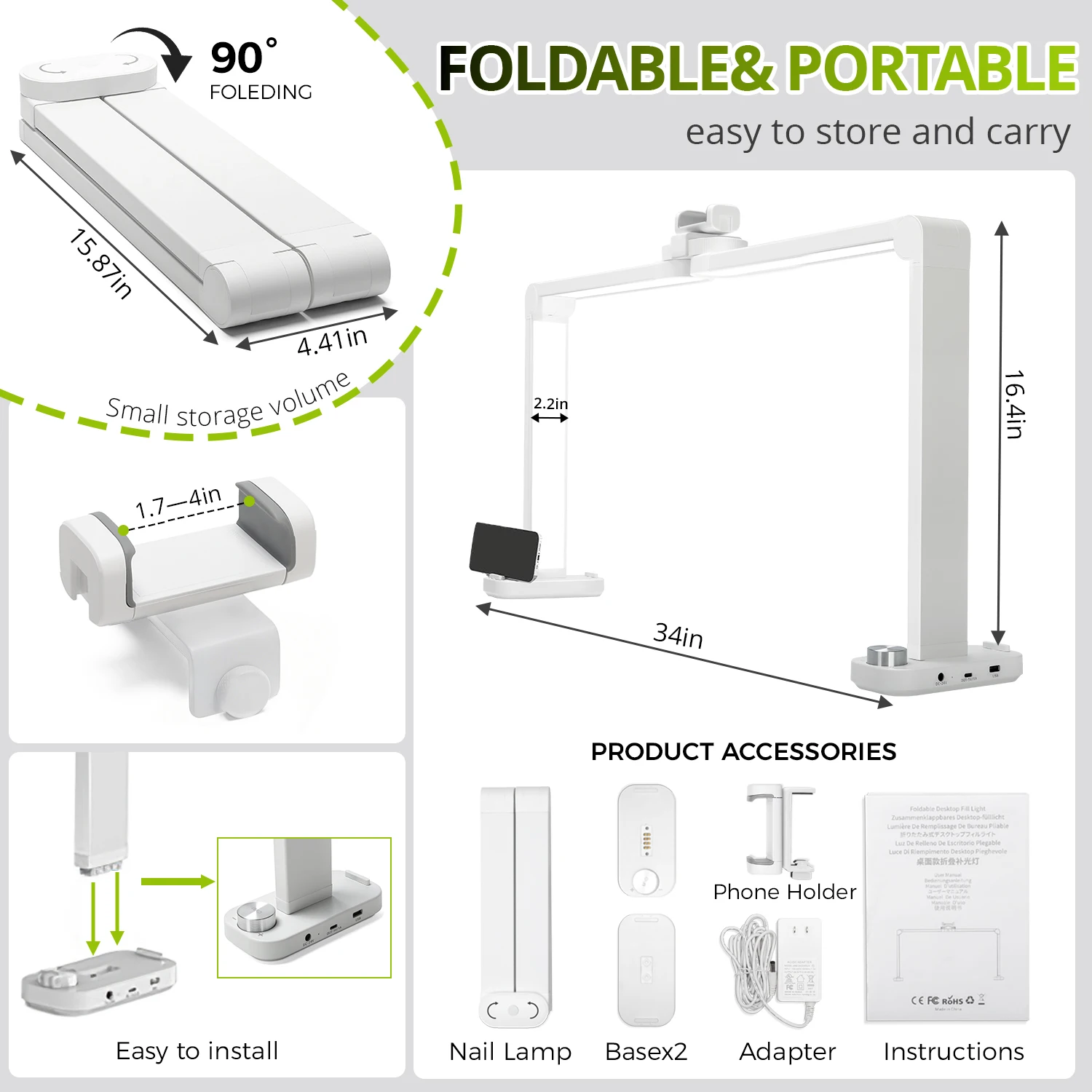 Large Foldable Half-Moon Nails Desk Light With Phone Holder Professional Manicure Salon Lighting Essential For Nail Salon Tool