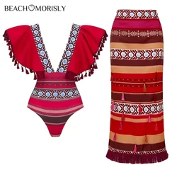 2024 Ethnic  Style Printed V Neck Ruffle Tassel One Piece Swimsuit and Skirt  Swimwear Set Women Beachwear Luxury Bathing Suit