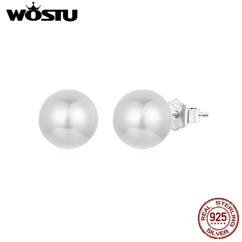 WOSTU 925 Sterling Silver Shell Pearl Stud Earrings For WOmen Wedding Jewelry White Pearl Engagement Ear Studs Party Gift 8-12MM