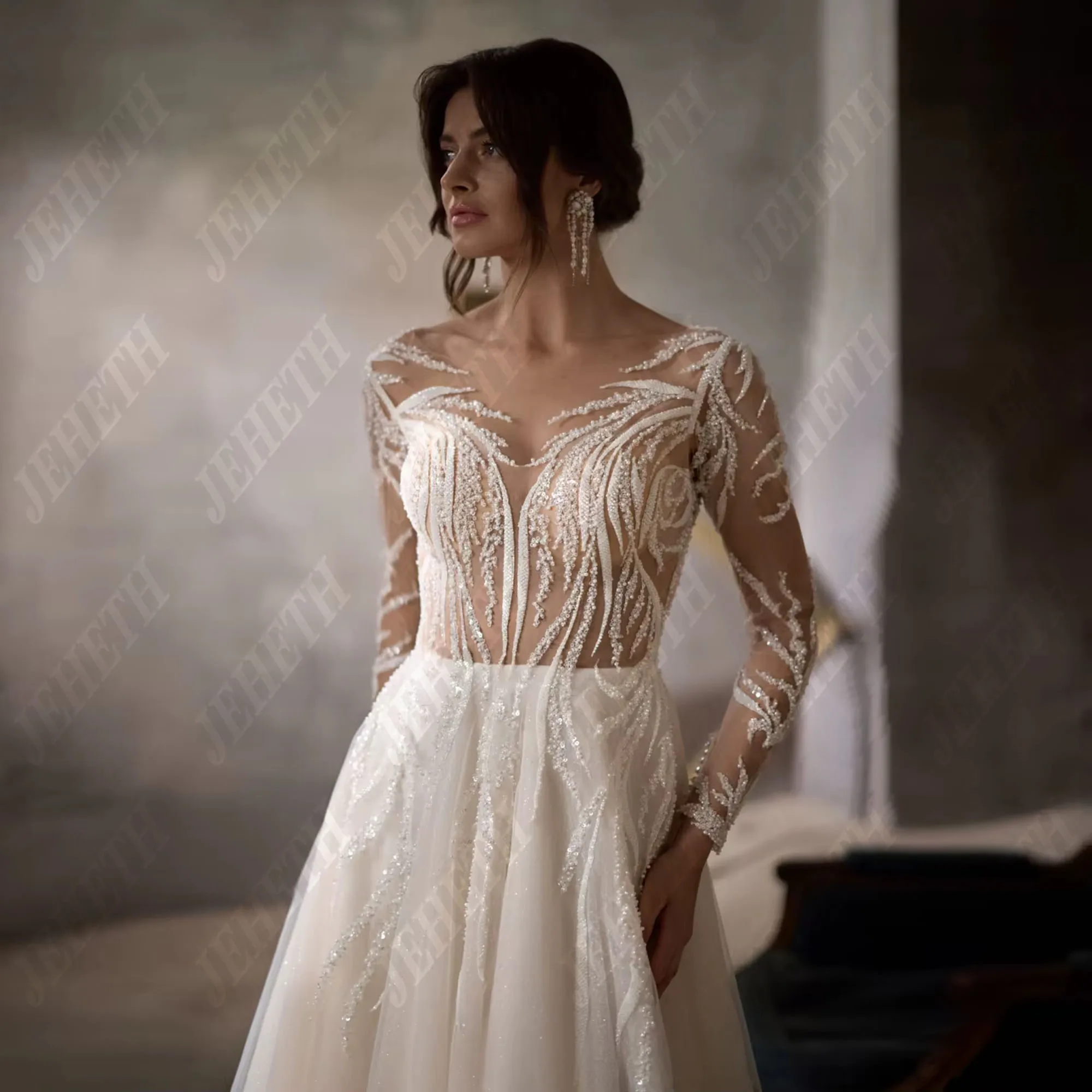 JEHETH Elegant Dreamy Bead A-line Tulle Wedding Dress Illusion O-neck Long Sleeve Bridal Gown Sparkly Dress For Bride Customized