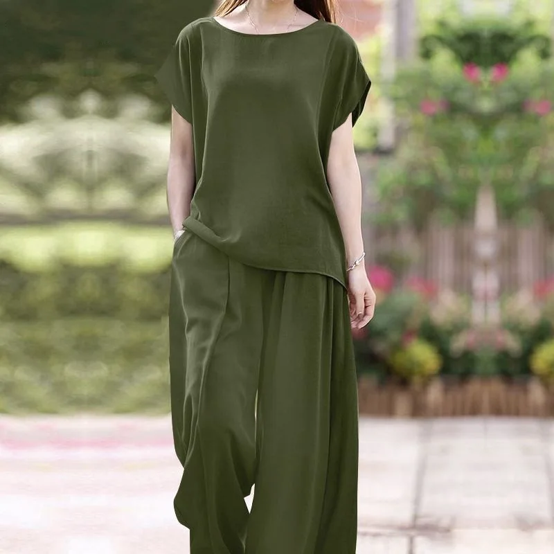 Ladies Blouse Wide Leg Pant Suit Set Spring Fall Female Women Short Sleeve Blouse Shirt Pullover Top Two-Piece Sport Outfit