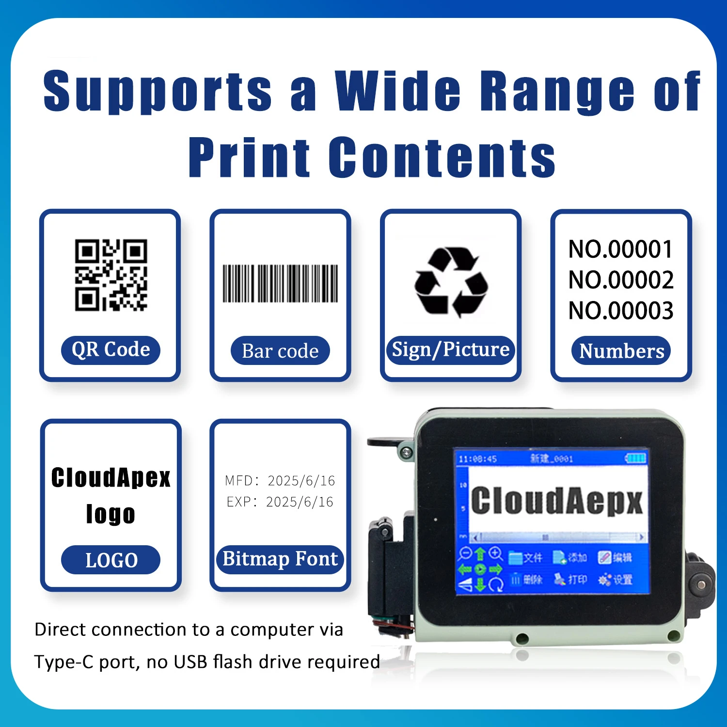 XPB-127 Portable Mini Handheld Inkjet Printer 12.7mm for QR Bar Batch Code Date Number Logo Expiry 28 Languages