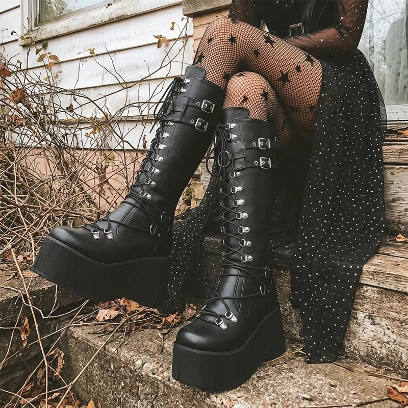 Women's Gothic Wedge Heel Platform Knee High Boots Metal Buckle Lace-Up Halloween Cosplay Punk Street Club Festival Shoes