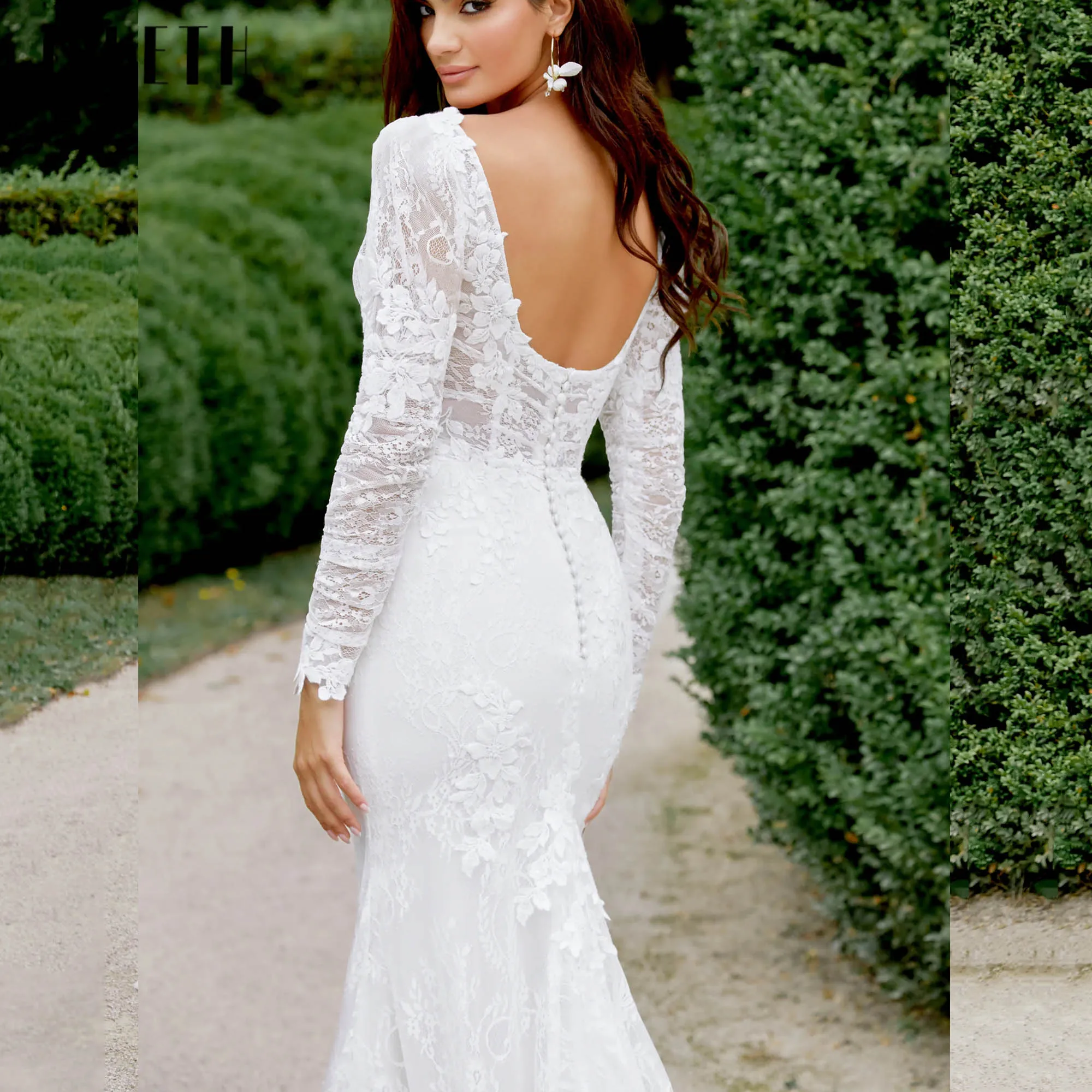 JEHETH Lange Mouwen Trouwjurken Luxe 2025 Zeemeermin Vierkante Hals Bruidsjurken Backless Applicaties vestidos de novia Aangepaste