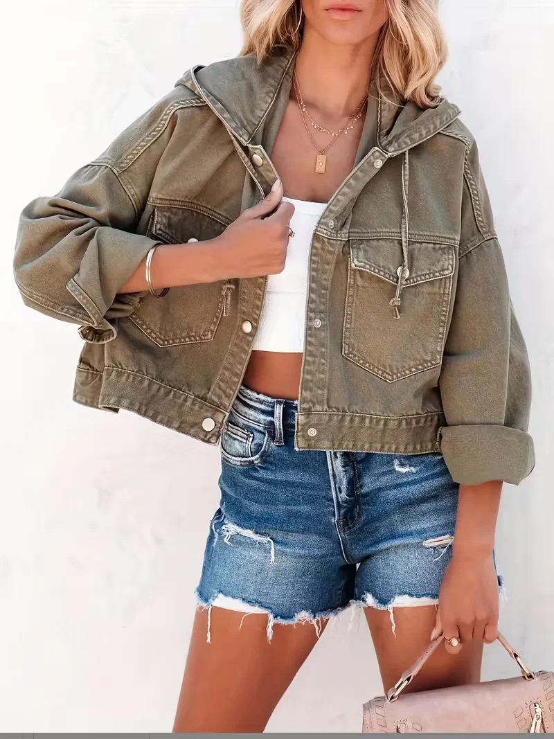 Giacca da donna con cappuccio in denim autunno/inverno - Scollo elegante, maniche lunghe, giacca con chiusura a bottone singolo