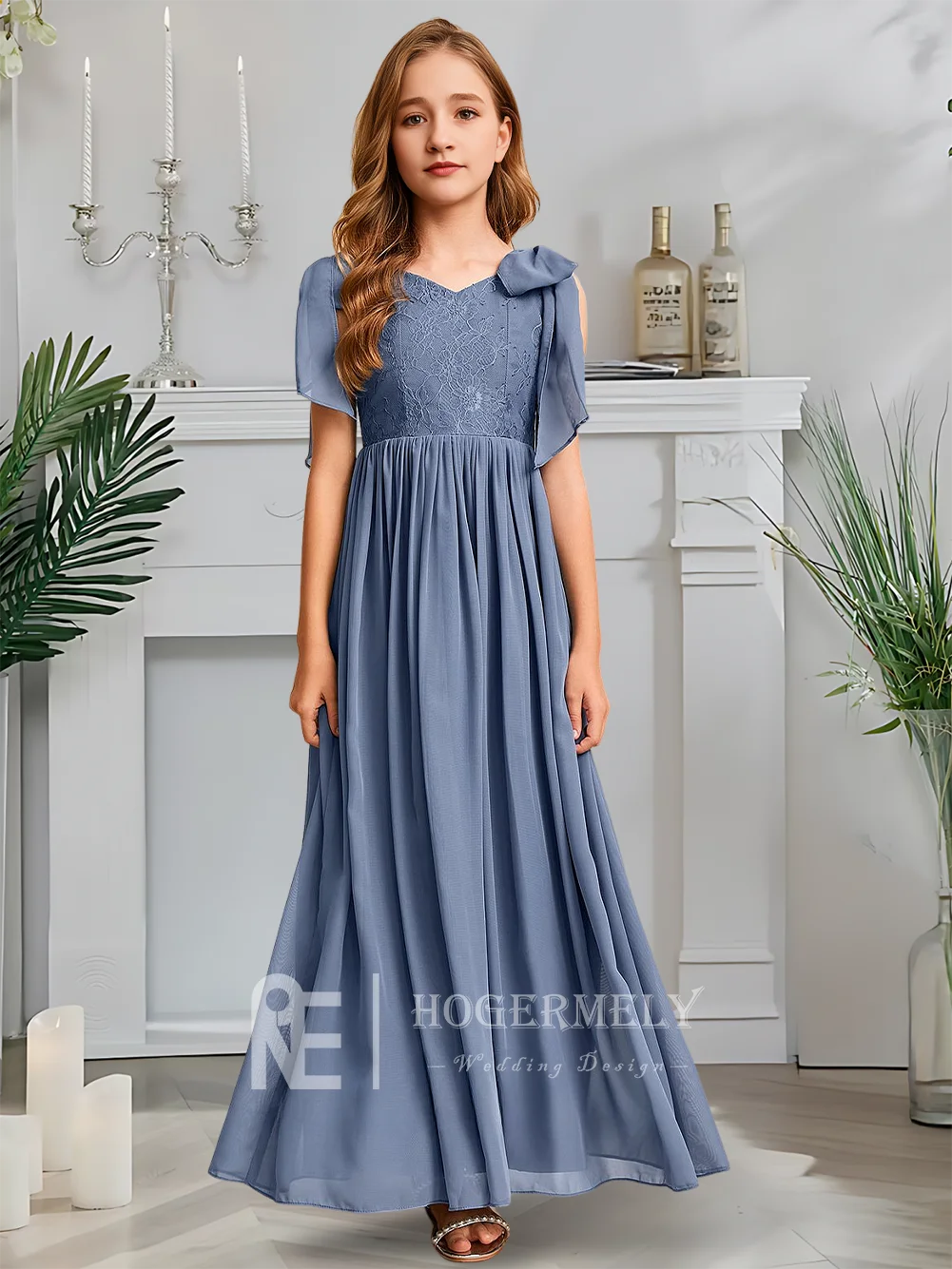 Etherische V-hals Junior Bruidsmeisjesjurk Hemelsblauw Bloemenmeisjesjurk A-lijn Chiffon Kant Vloerlengte Lente Soiree Bruiloft