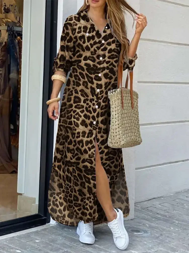 ZANZEA Sukienka Damska Vintage w Leoparda na Imprezę Jesień 2025 Casual Długi Rękaw Maxi Długa Sukienka Vestidos Modna Oversize Koszula Sukienka Letnia — zdjęcie 2