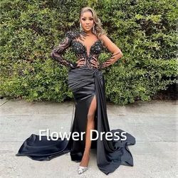 Customized Sexy Mermaid Prom Dress For Black Girls With Beaded Crystal Evening Party Gowns Side Slit Court Train Robes De Soirée