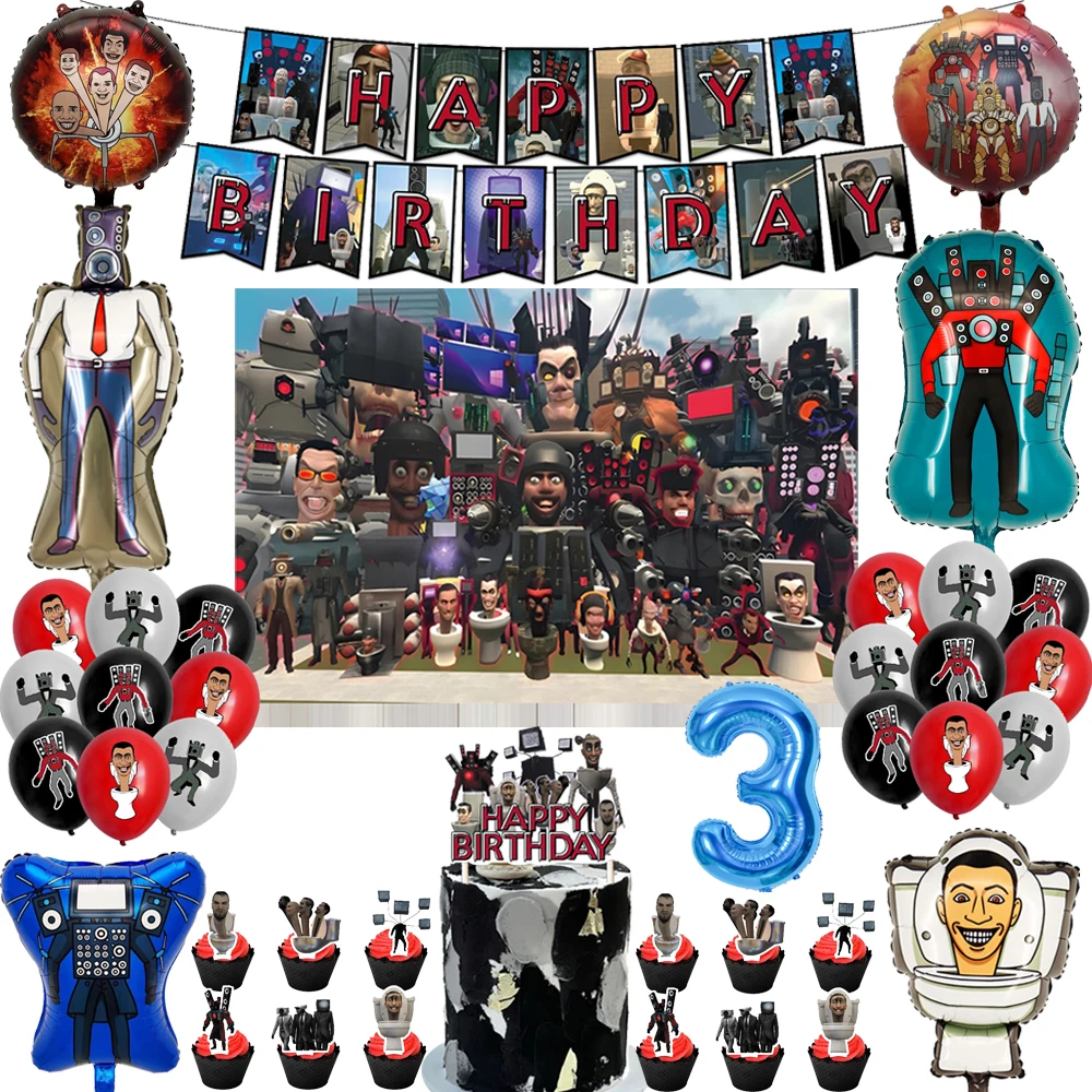 Skibidi, inodoro, decoraciones para fiesta de feliz cumpleaños, globos, telón de fondo, número, pastel, tazas, suministros, Baby Shower, juguetes divertidos, regalos