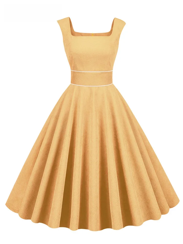 Tonval Kwadratowy dekolt Żółty Sztruks Kobiety Wysoka talia Vintage 50s Tank Dress Bez rękawów Eleganckie kieszenie Zimowe damskie długie sukienki — zdjęcie 2