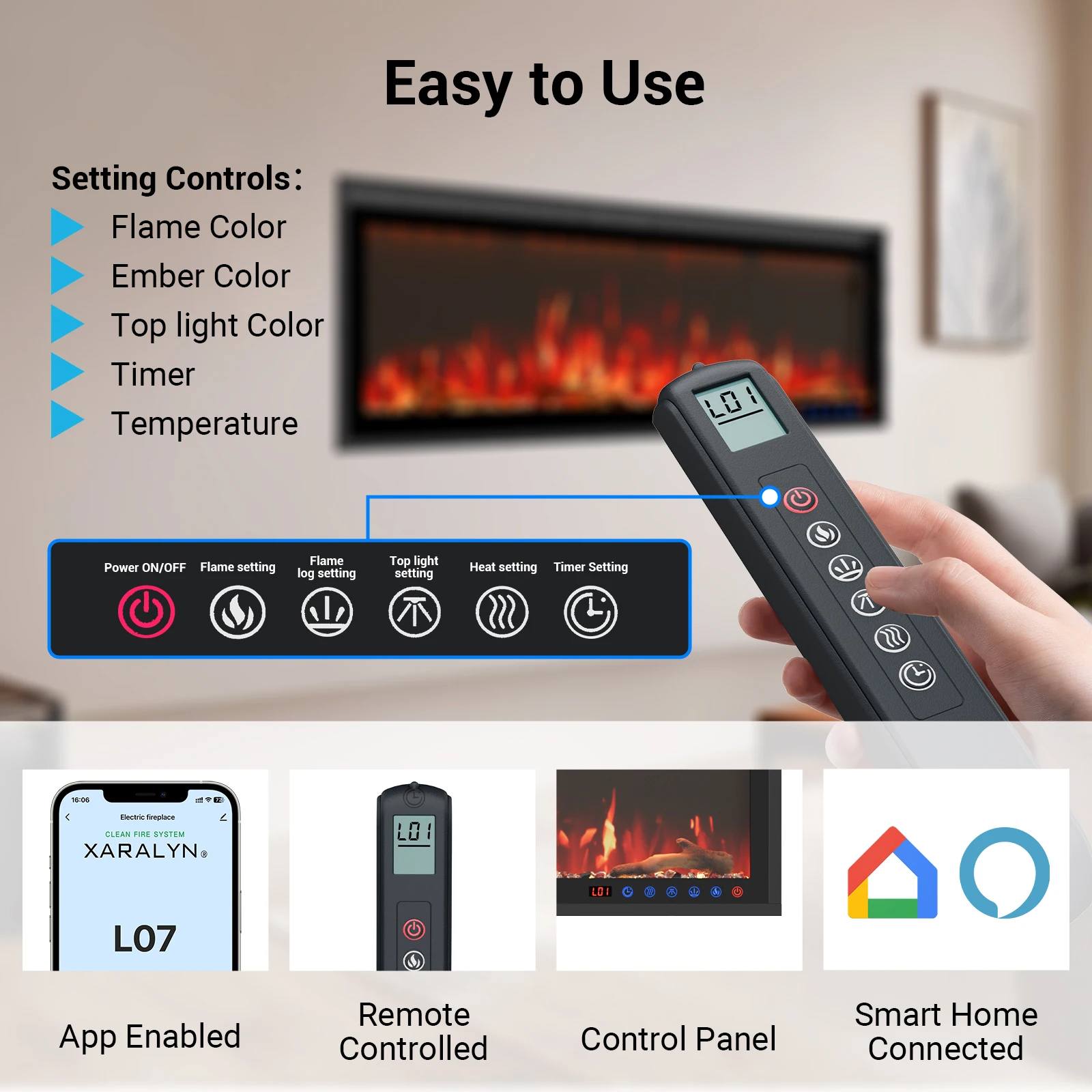 

60-дюймовый встраиваемый и настенный электрический каминный обогреватель шириной для выхода нагрева 750 Вт, 1500 Вт, совместимый с Alexa и Google Home