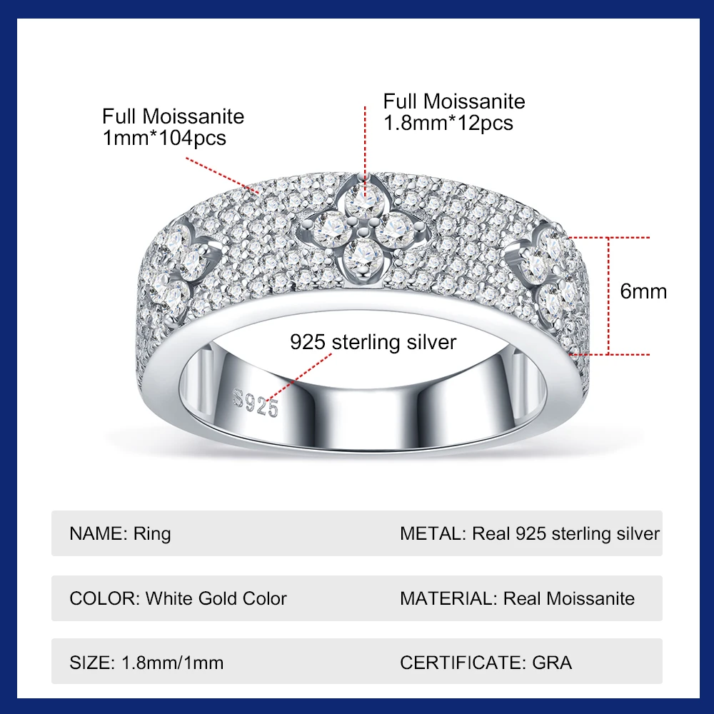 All Moissanite Half Eternity Ring 925 Sterling Silver Plated 18K White Gold Luxury Clover Wide Band Wedding Rings for Women