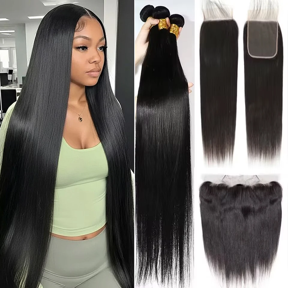Glattes Echthaar-Extensions-Set 28 30 32 Zoll mit 13x4 Lace Frontal Brasilianisches Echthaar 4x4 5x5 Closure