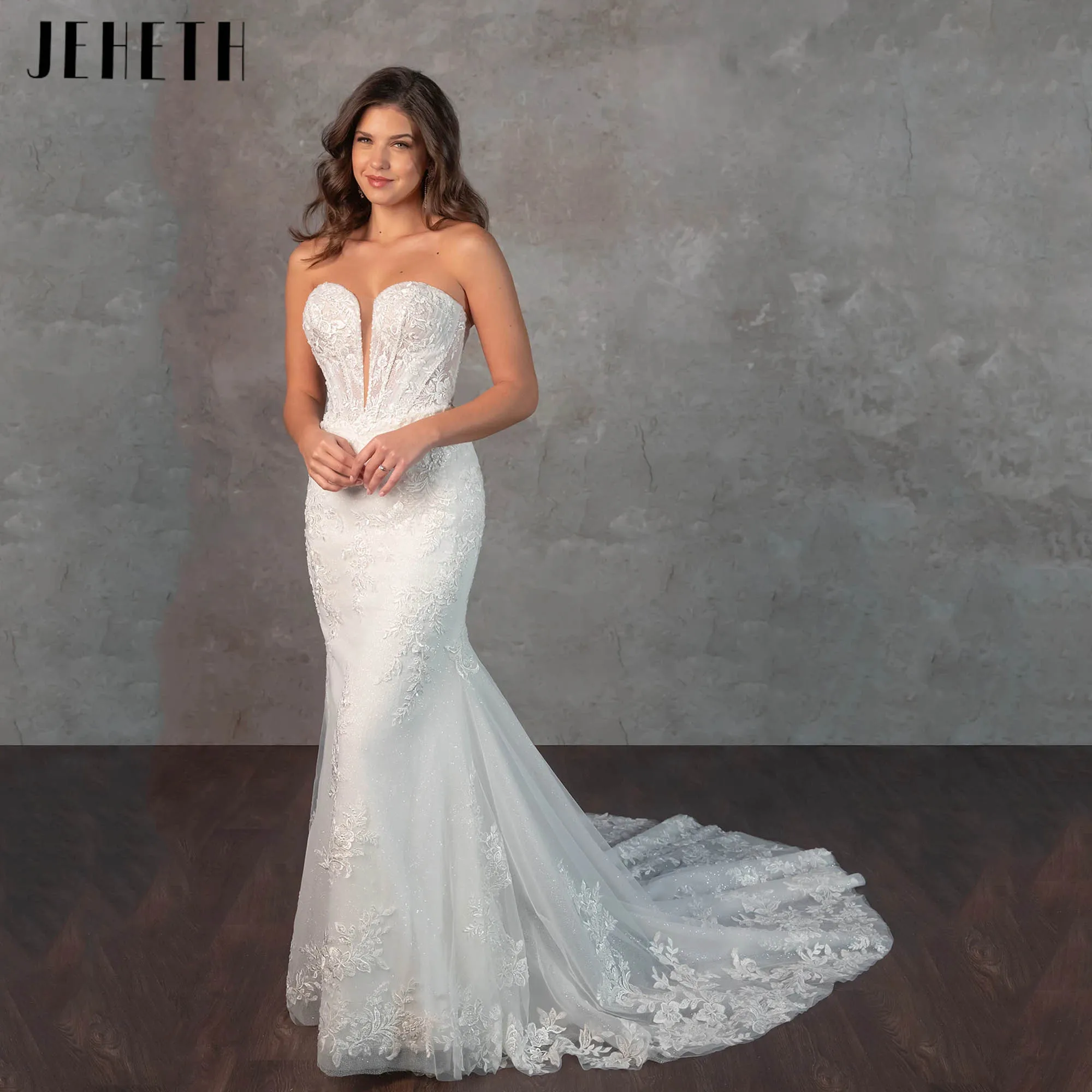 

JEHETH Luxury Strapless Fit Wedding Dress Mermaid Sleeveless Appliques Bridal Gowns Romance Beaded vestidos de novia Customized