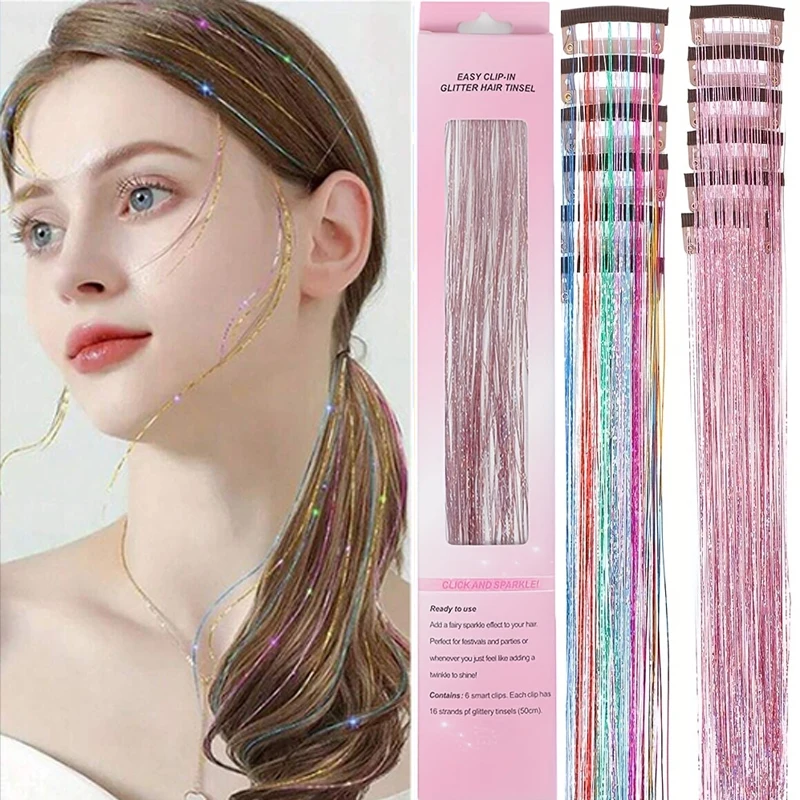 

12 шт., набор из 12 шт., мишура для наращивания волос, 20 дюймов, термостойкие блестящие наращивание волос для женщин