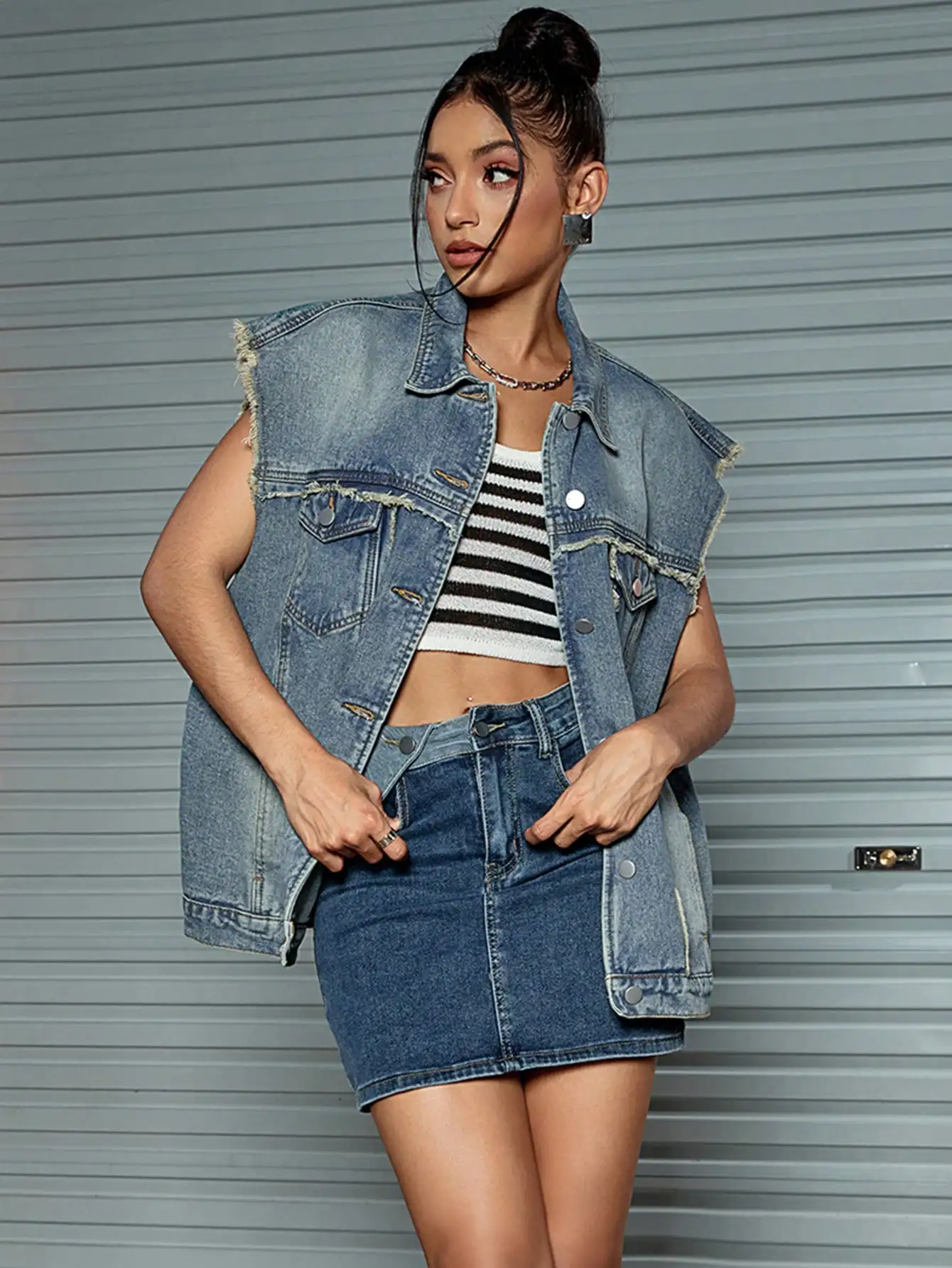 Y2K 스트리트 로우 트림 슬랜트 포켓 루즈핏 싱글 브레스트 데님 조끼 재킷, 용수철 의상