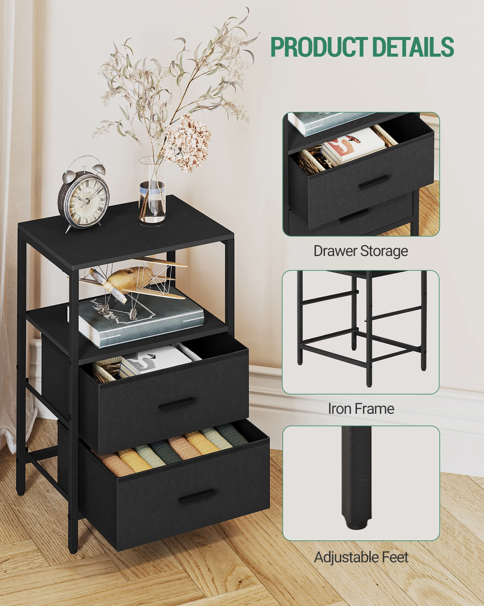 Set di 2 comodini con 2 cassetti in tessuto e ripiani, scomparto aperto, tavolino da caffè, per soggiorno, camera da letto, nero