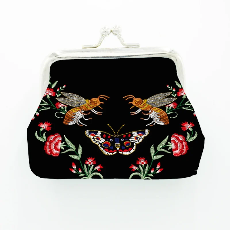 24 Buah/Lot Dompet Koin Lebah Bordir, Dompet Mini Kunci Ciuman Kulit PU, Desain Bunga Antik, Hadiah Butik, Logo Kustom, Teks