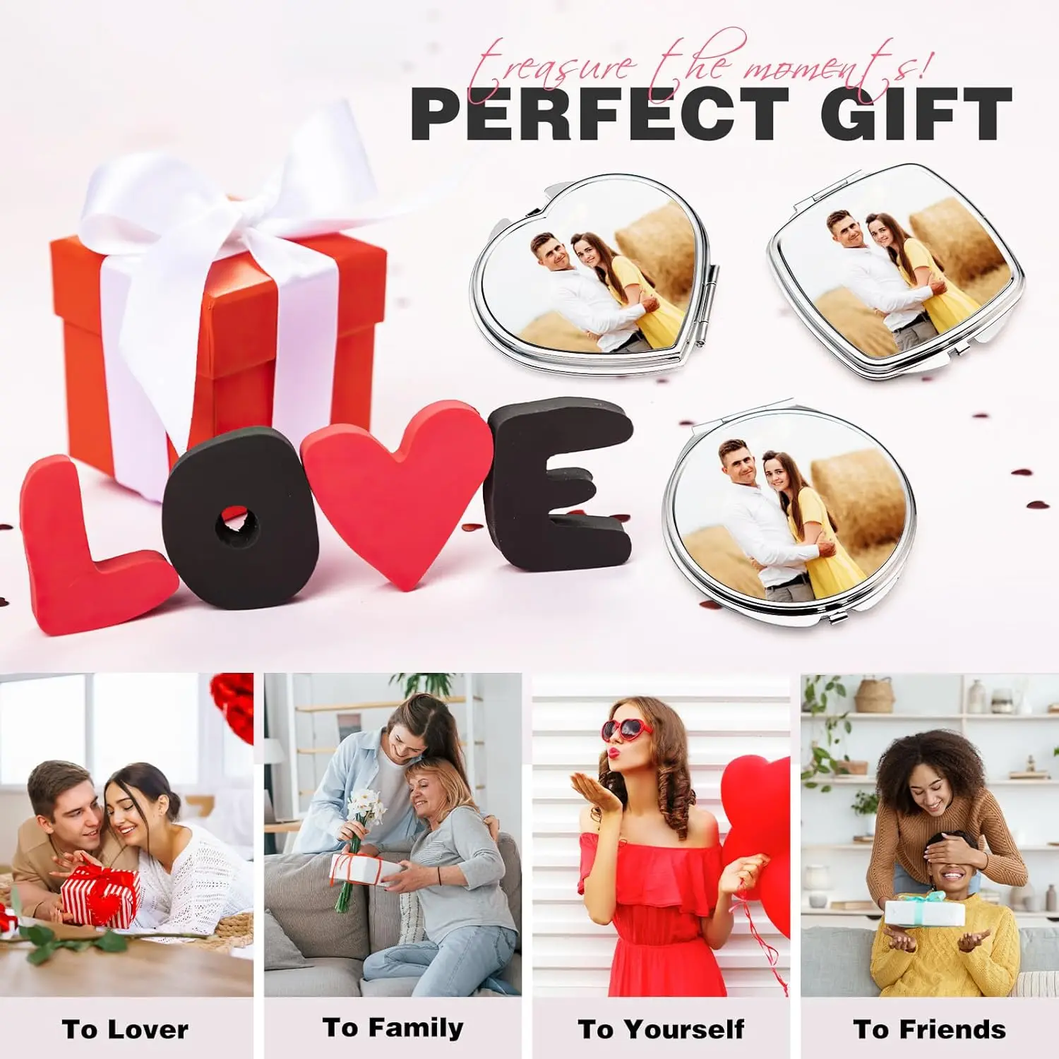 Maßgefertigter runder und quadratischer herzförmiger Fotospiegel für Make-up-Anwendungen. Ein einzigartiges Design als Valentinstagsgeschenk