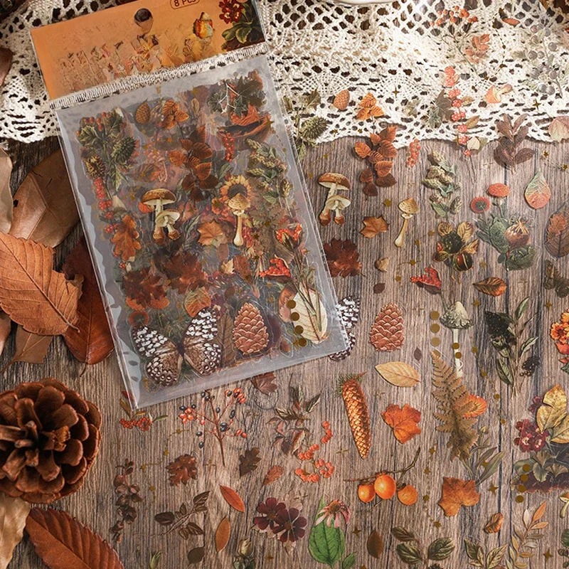 8 sztuk Vintage jesienny motyw leśny wodoodporny PET namiot ręczny torba z naklejkami materiał do majsterkowania naklejki papierowe śmieci dziennik dostaw — zdjęcie 2