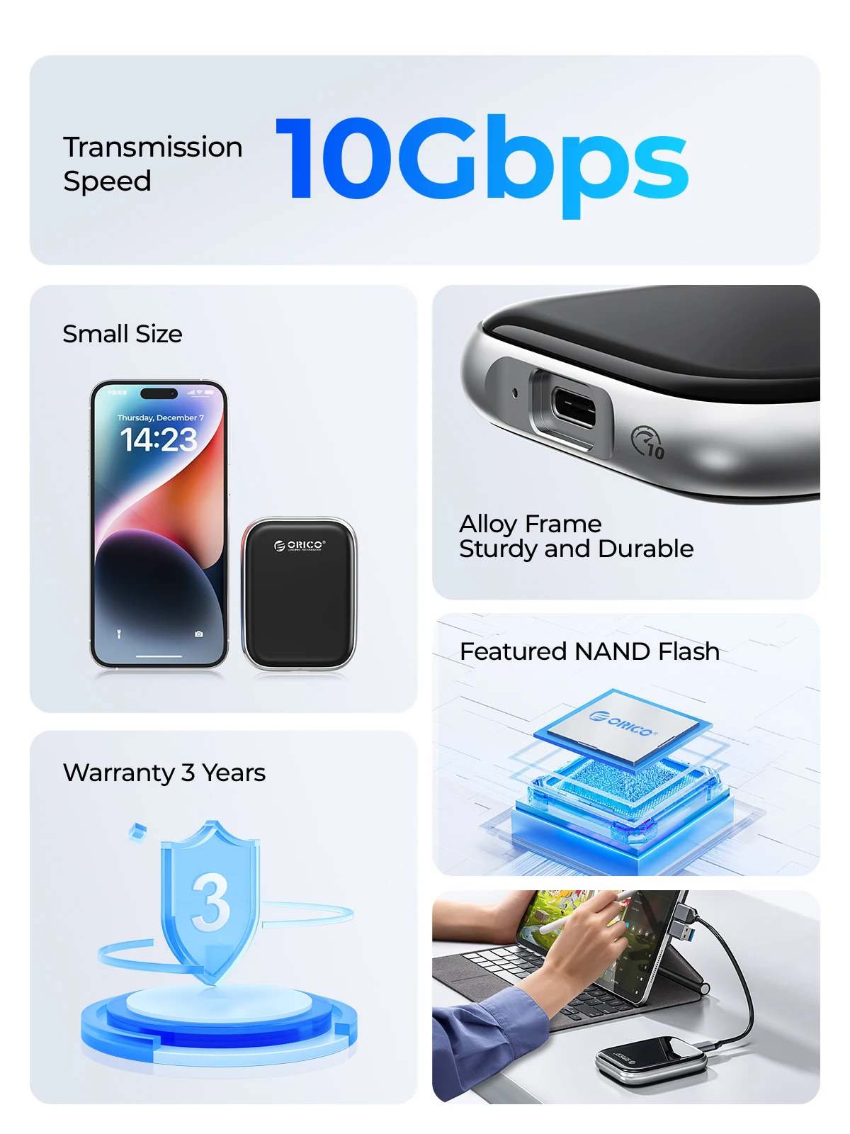 ORICO Beetle Portable SSD 1000MB/S External Solid State Drive 2TB 1TB 512GB USB 3.2 Gen2 Type- C PSSD for MacBook Air Pro Laptop