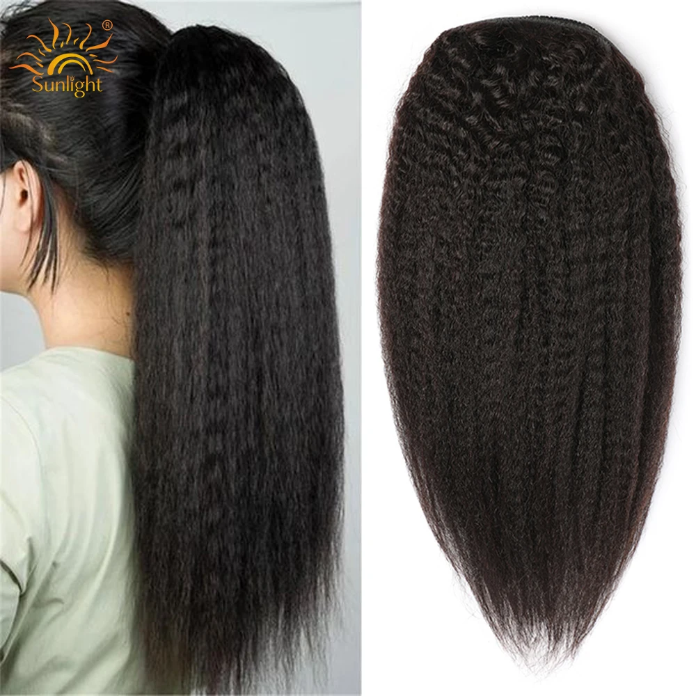 

Прямые накладные волосы Yaki на шнурке, бразильский конский хвост, 200% плотность, настоящие человеческие волосы для женщин, африканские и американские волосы для наращивания