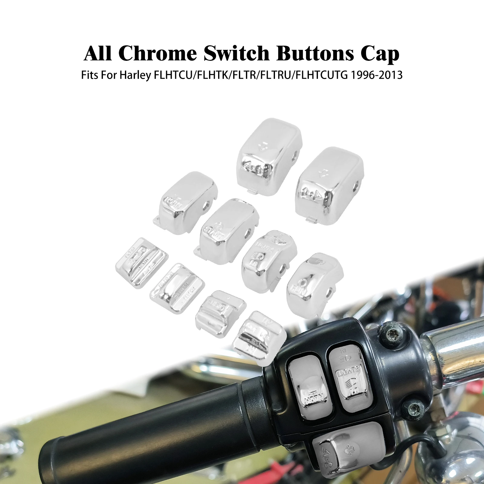 

Chrome Motorcycle Hand Switch Housing Caps 10PCS Button Extension Cover For Harley Touring Electra Street Road Glide 1996-2013