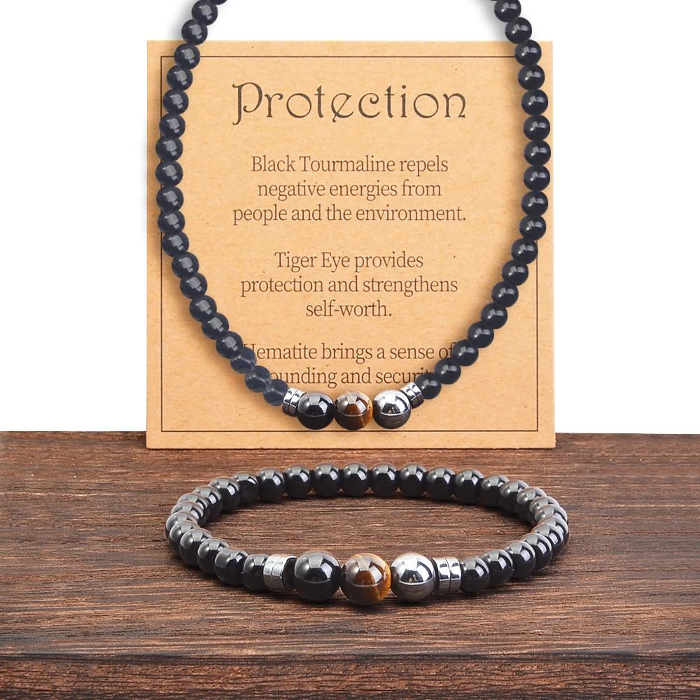 2pcs/set Obsidian Hematite Natural Stone Bracelet Necklace Set