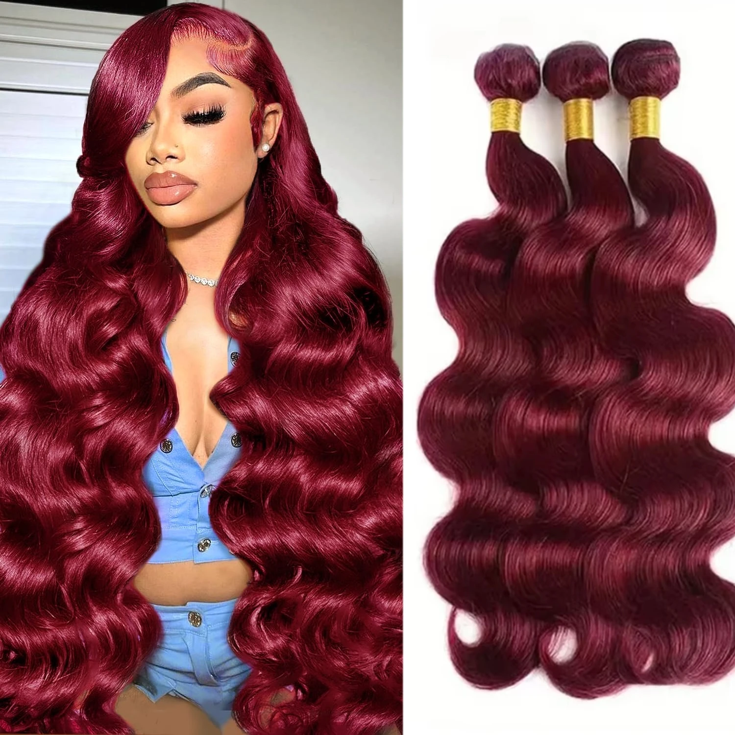 # 99J 와인 레드 바디 웨이브 인모 1 3 묶음 100% 인모 연장 와인 레드 바디 웨이브 묶음 99J 버건디 묶음