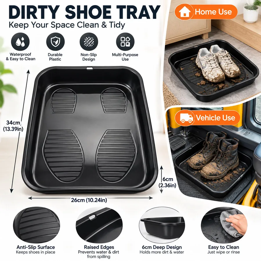 Reinforced Multi-Purpose Dirty Shoe Storage Tray, 34x26x6cm Car Trunk Shoe Box for Excavator Cab Home Workplace Organization