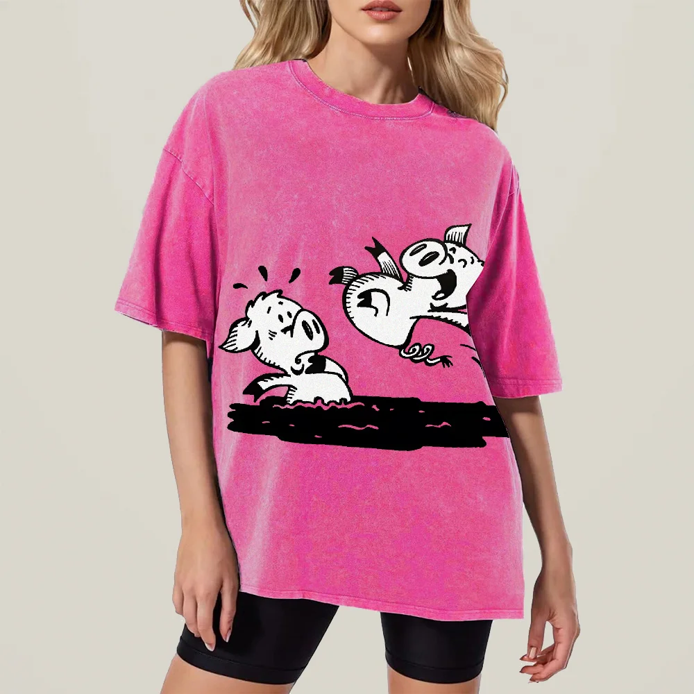 

Streetwear Vintage Washed Tee with Cartoon Pigs Print Distressed Aesthetic Fun Design Trendy Comfortable Daily Apparel