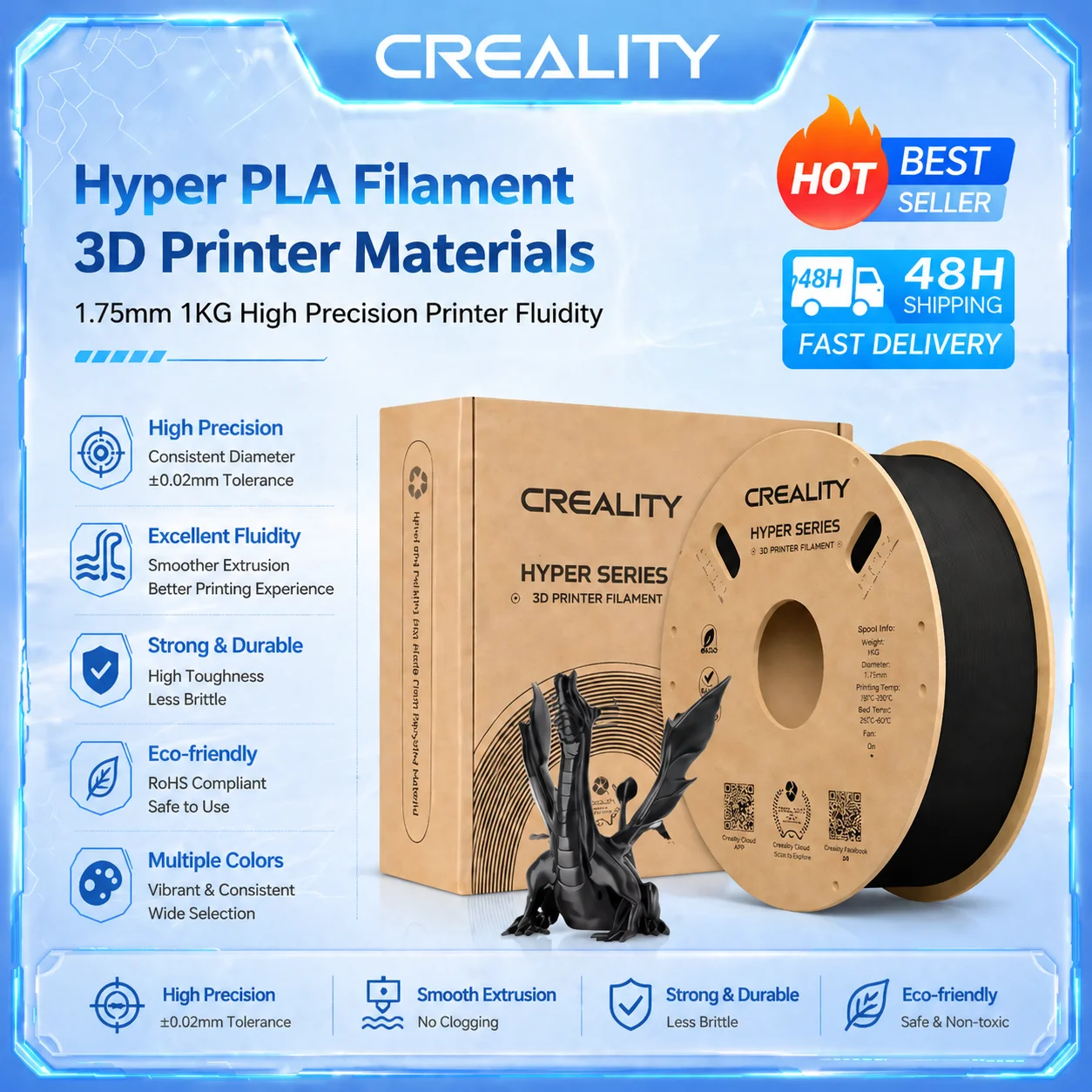 

Филамент CREALITY Hyper PLA для 3D-принтеров, серия материалов, 1.75 мм, 1 кг, высокоточная текучесть, быстрое охлаждение, для промышленного производства